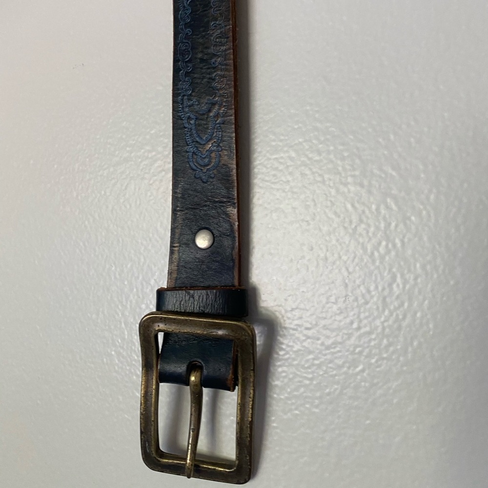 Bill Lavin denim cowboy belt, 34”, gold buckle